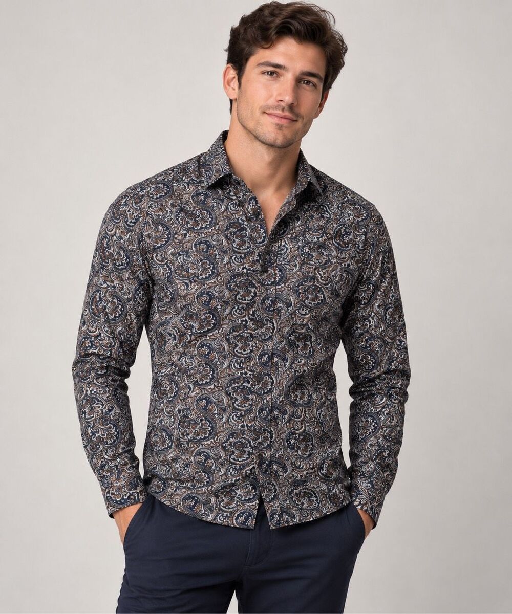H&M Premium Cotton Paisley Slim Fit Button Up Shirt Men’s S Navy Brown